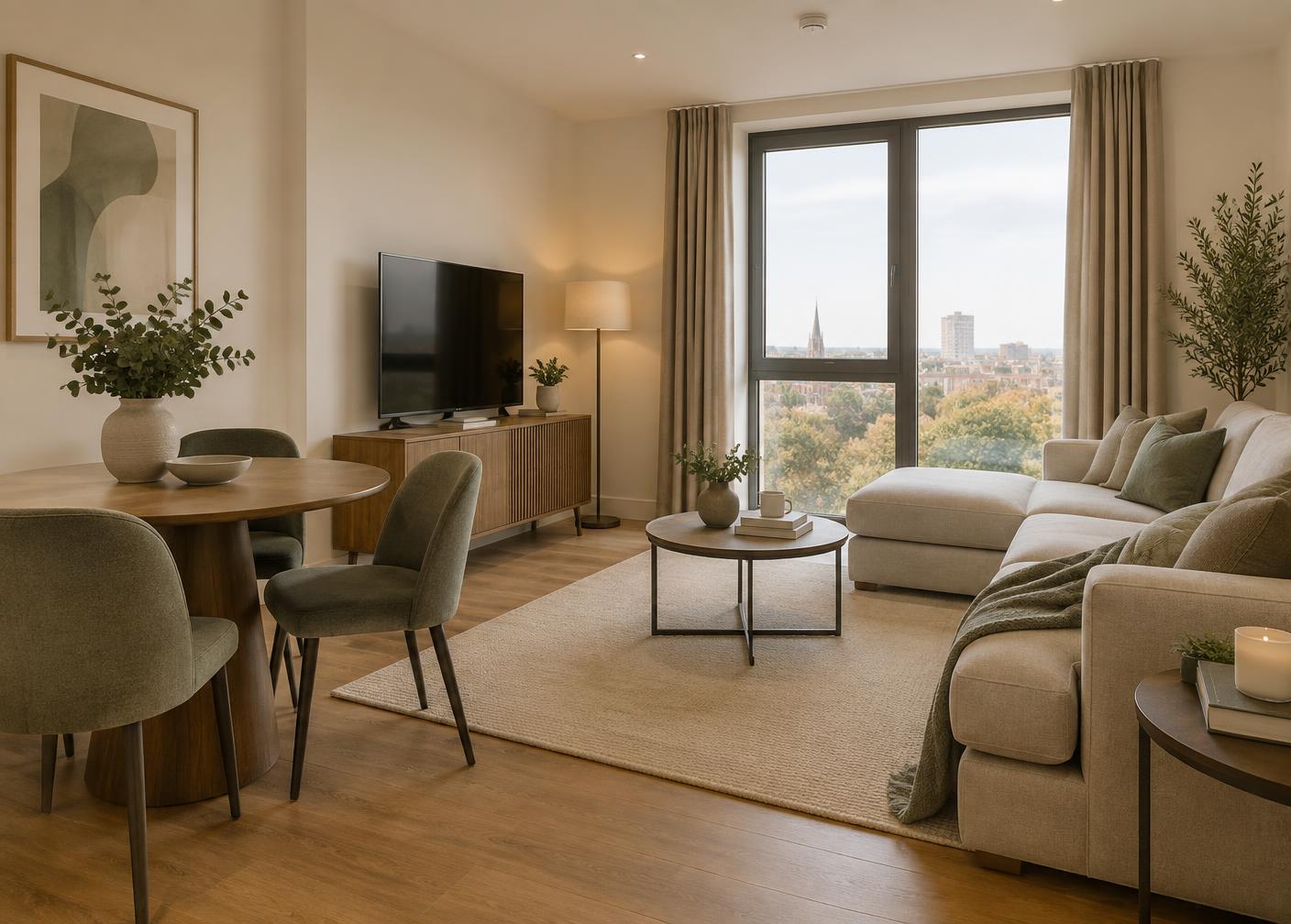A serviced accommodation living space finished in warm neutral tones